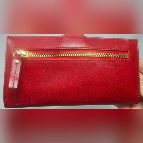 Tusk Classic Long Slim Red Leather Bifold Wallet Purple Tan Interior Credit Card - Picture 5 of 16